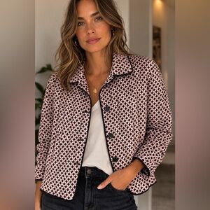 VTG Quilted Silk Carole Little Blazer Pale Pink & Black Geometric Print